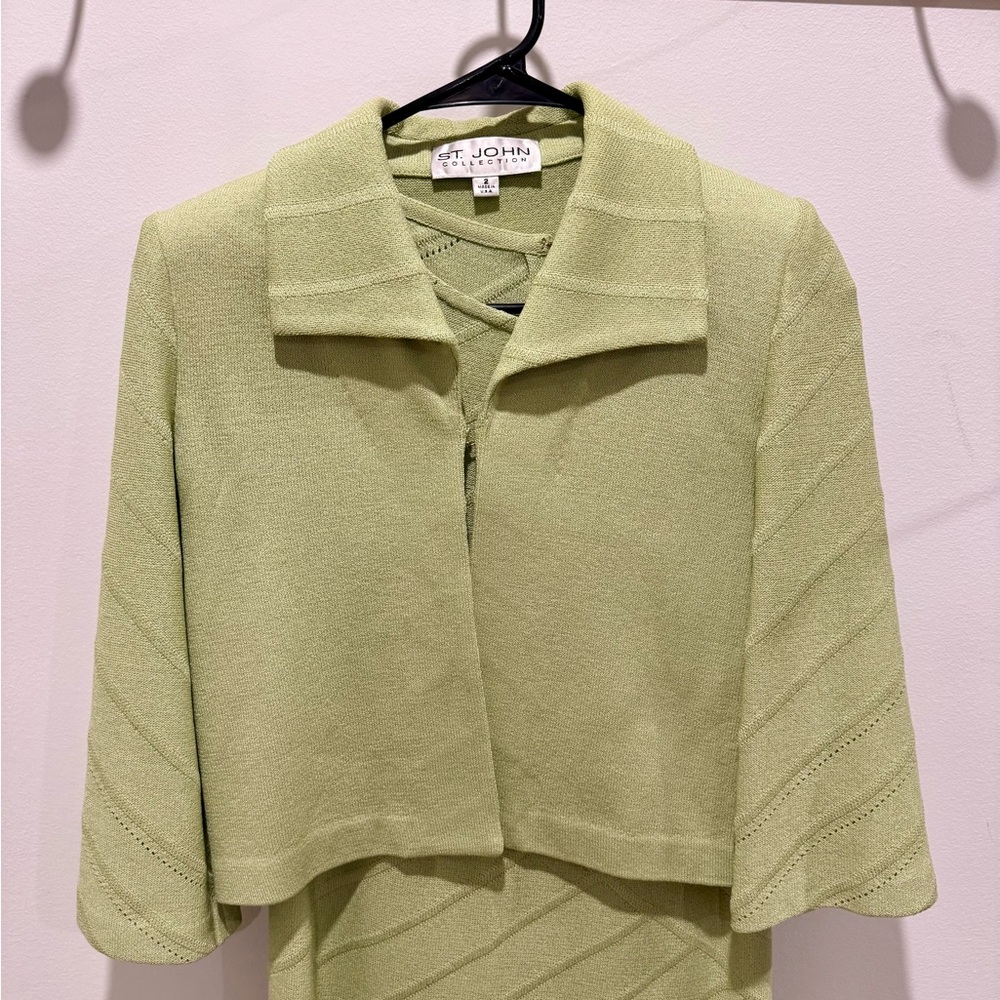 St. John Light Lime Green Knit Open-Front Cardigan